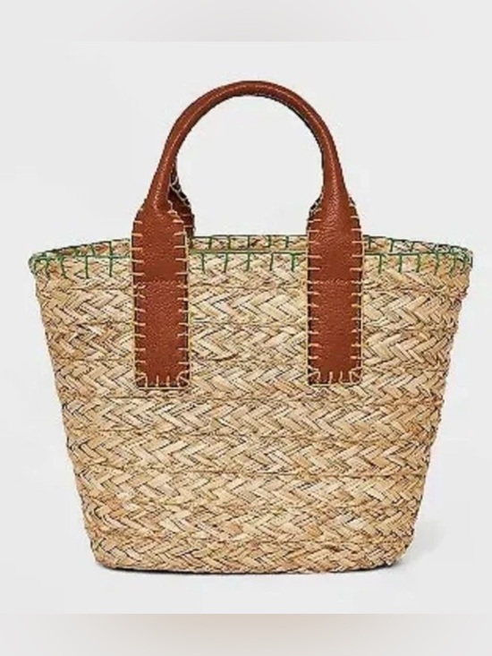 Universal Thread Handbags - Universal Thread Natural Straw Tote with Brown Handles and Green Trim Like New !